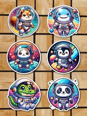 Animals In Space Sticker Pack of 6 Vinyl Stickers Waterproof Cute Sticker Set